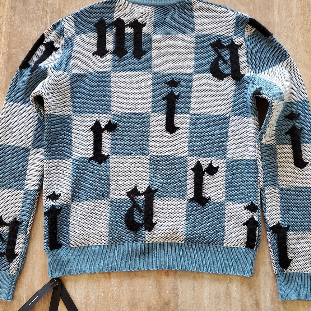 NWT $1,090 Amiri Men's Blue Logo Check Knit Cashmere Sweater